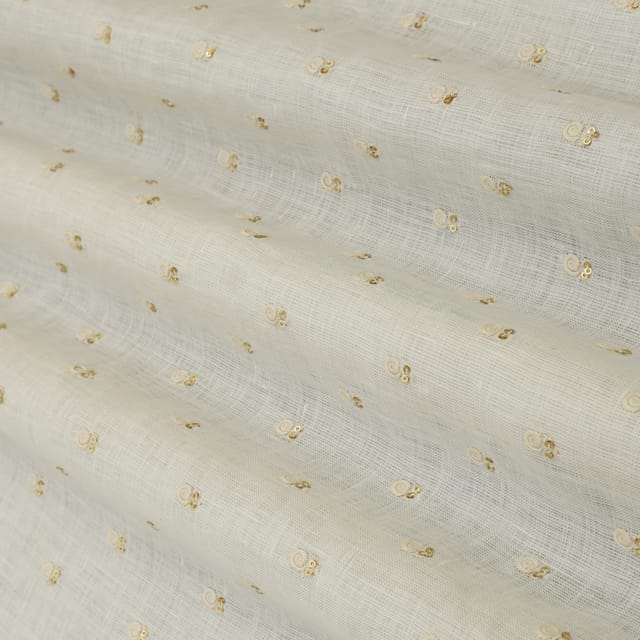 Powder White Linen Booti Threadwork Sequins Embroidery Fabric