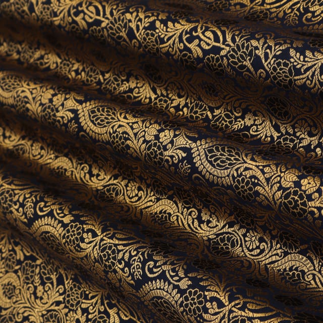 Royal Blue Satin Kimkhab FloralGolden Zari Embrodery Fabric