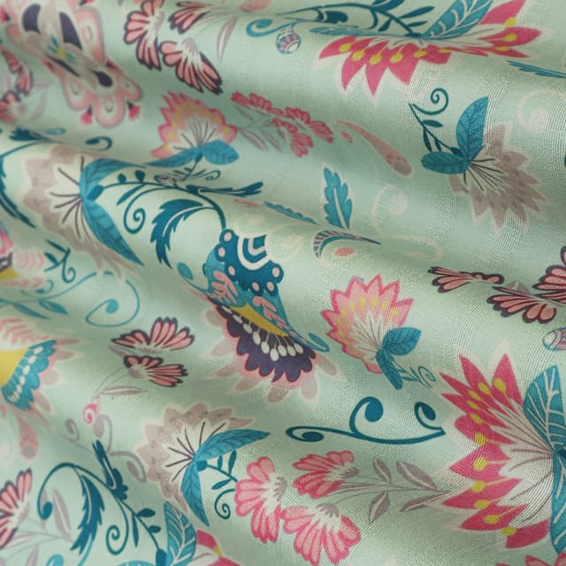 Sky Blue Dupion Floral Print Fabric
