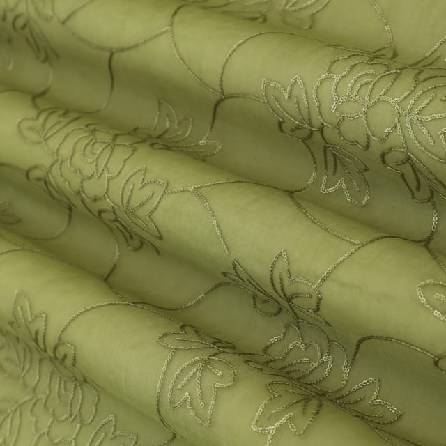 Olive Green Sequins Embroidery Chanderi Silk Fabric