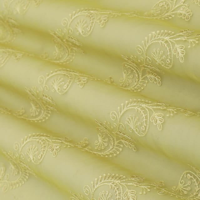 Lemon Yellow with Floral Embroidery Organza Fabric