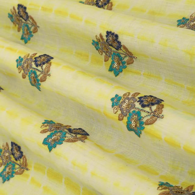 Canary Yellow and White Tie-Dye Print Embroidery Kora Cotton Fabric