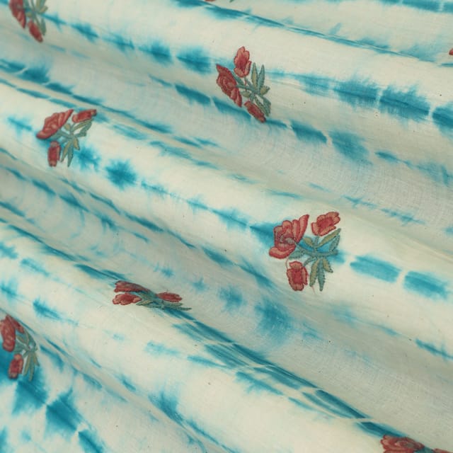 Sky Blue and White Tie-Dye Print Embroidery Kora Cotton Fabric