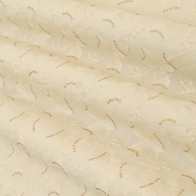 Cornsilk Brown Cotton Floral Sequin Embroidery Fabric