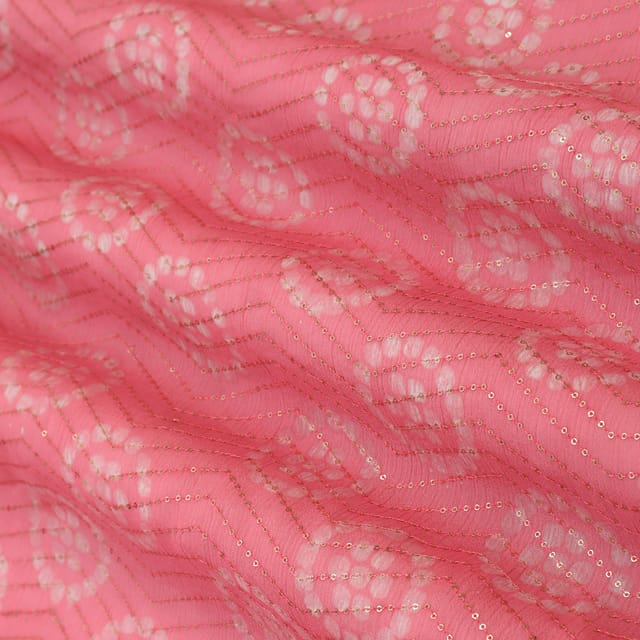 Pink Chinon Chiffon Floral Batik Print Sequin Embroidery Fabric