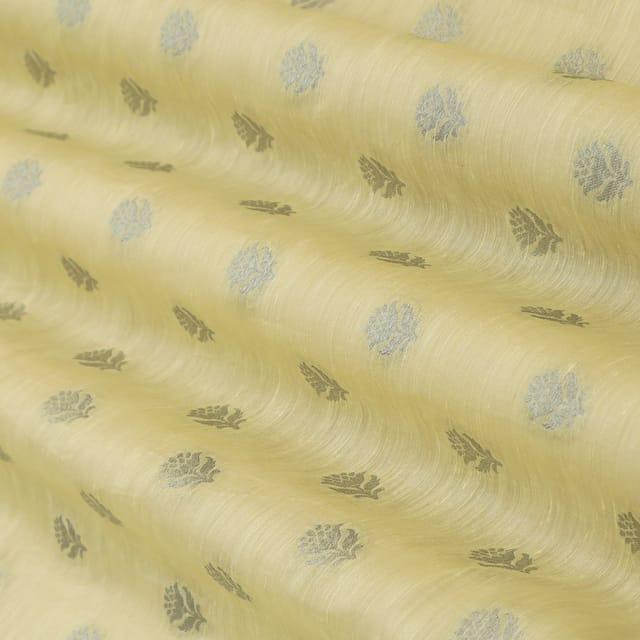Baby Yellow Linen Silver Zari Booti Work Embroidery Fabric