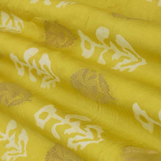 Dijon Yellow Jacquard Floral Batik Print Dim Golden Zari Work Embroidery Fabric