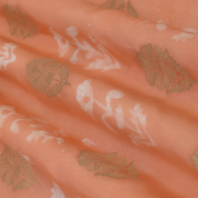 Crepe Pink Jacquard Floral Batik Print Dim Golden Zari Work Embroidery Fabric