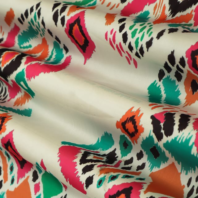 White Georgette Satin Pink & Cyan Digital Print Fabric