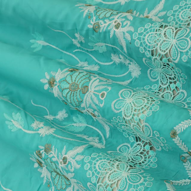 Sky Blue Cotton Floral Threadwork Embroidery Fabric