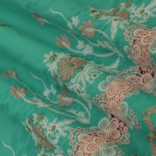 Aquamarine Blue Cotton Floral Threadwork Embroidery Fabric
