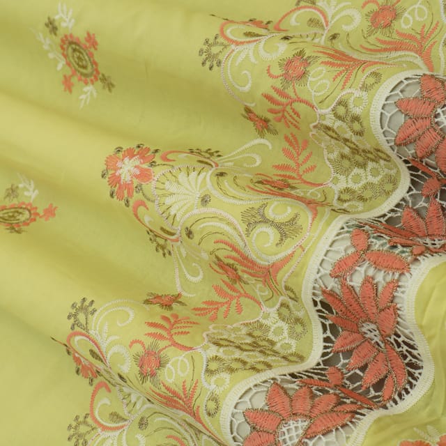 Yellow Cotton Floral Threadwork Embroidery Fabric