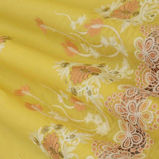 Summer Yellow Cotton Floral Threadwork Embroidery Fabric
