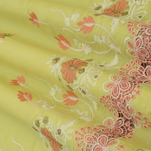 Daffodil Yellow Cotton Floral Threadwork Embroidery Fabric