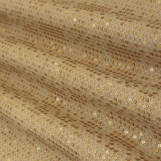 Buff Brown Silk Chanderi Sequin Sippi Embroidery Fabric