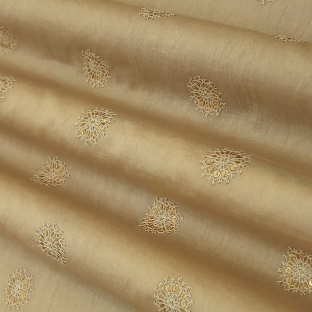 Latte Brown Silk Chanderi Motif Sequin Embroidery Fabric