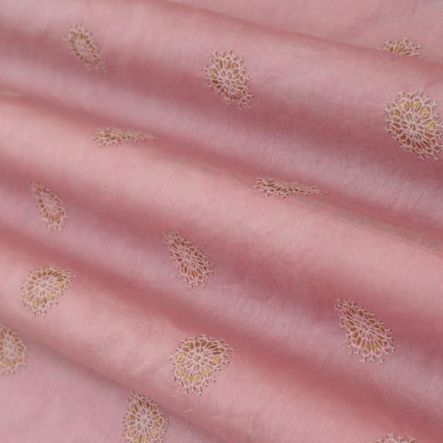 Pink Silk Chanderi Motif Sequin Embroidery Fabric