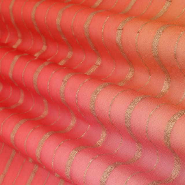 Indian Red & Pink Georgette Stripe Gota Jacquard Fabric