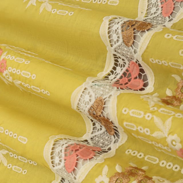 Canary Yellow Yellow Cotton Floral Threadwork Embroidery Fabric