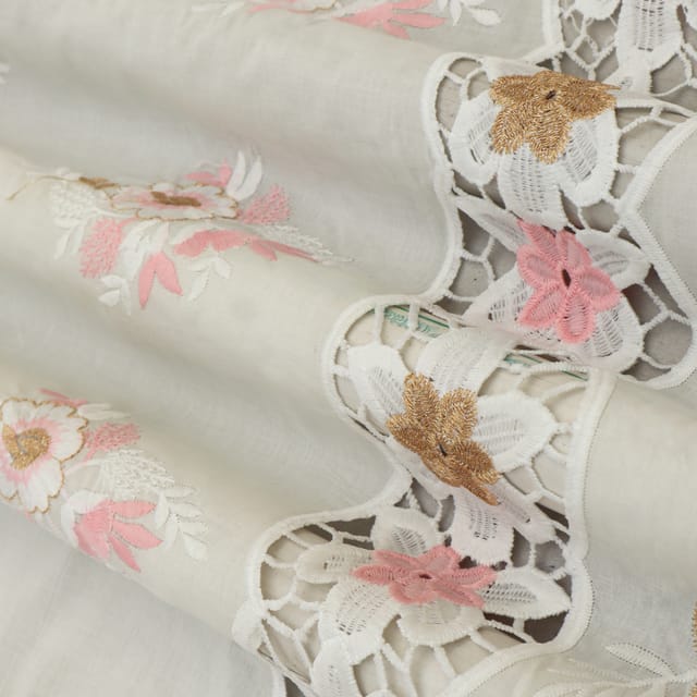 Bright White Cotton Floral Threadwork Embroidery Fabric
