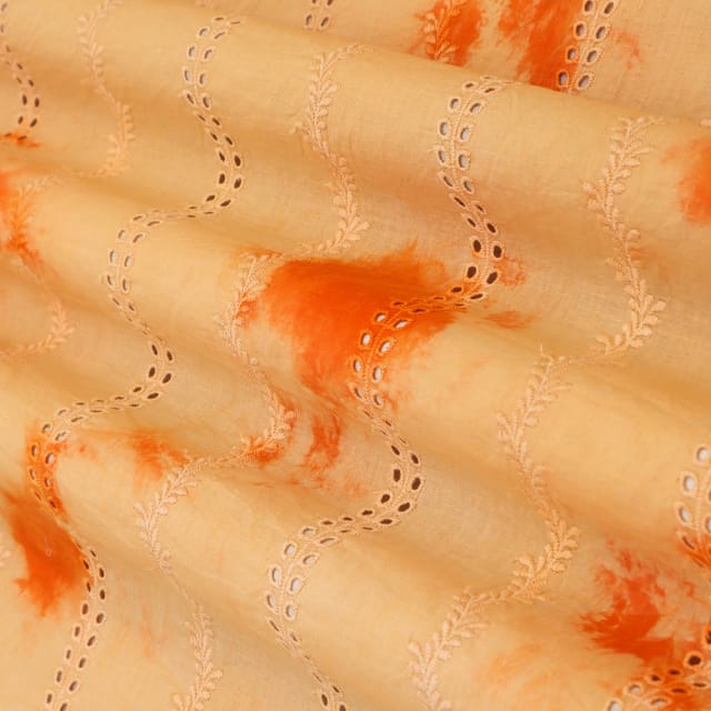 Apricot Cotton Shibori Print Floral Overlay Embroidery Fabric