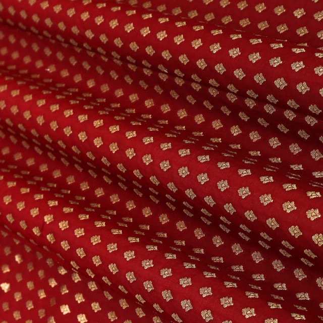 Deep Red Pauri Brocade Dim Golden Zari Booti Work Fabric