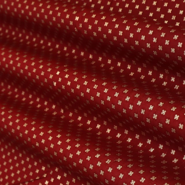 Red Pauri Brocade Dim Golden Zari Booti Work Fabric