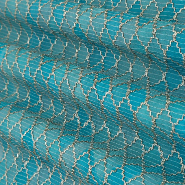 Blue Chinon Position Print Diamond Pattern Gota Work Embroidery Fabric