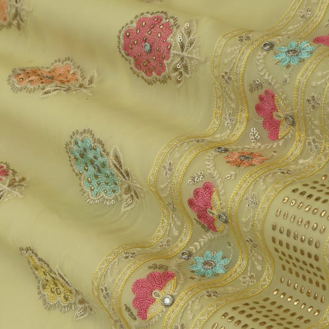 Powder Yellow Georgette Floral Sequin Embroidery Fabric
