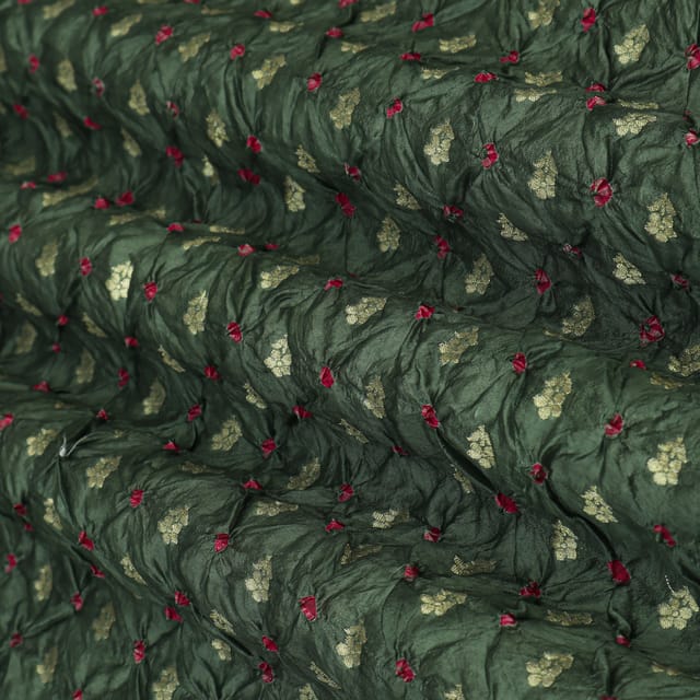 Dark Green Bandhani Motif Golden Zari Work Brocade Fabric
