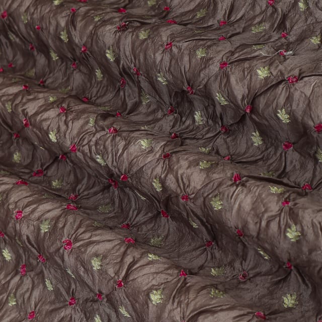 Chocolate Brown Bandhani Motif Golden Zari Work Brocade Fabric