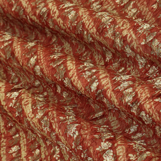 Indian Red Bandhani Motif Golden Zari Work Brocade Fabric