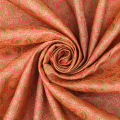 Orange Pink Brocade Golden Zari Motif Work Fabric
