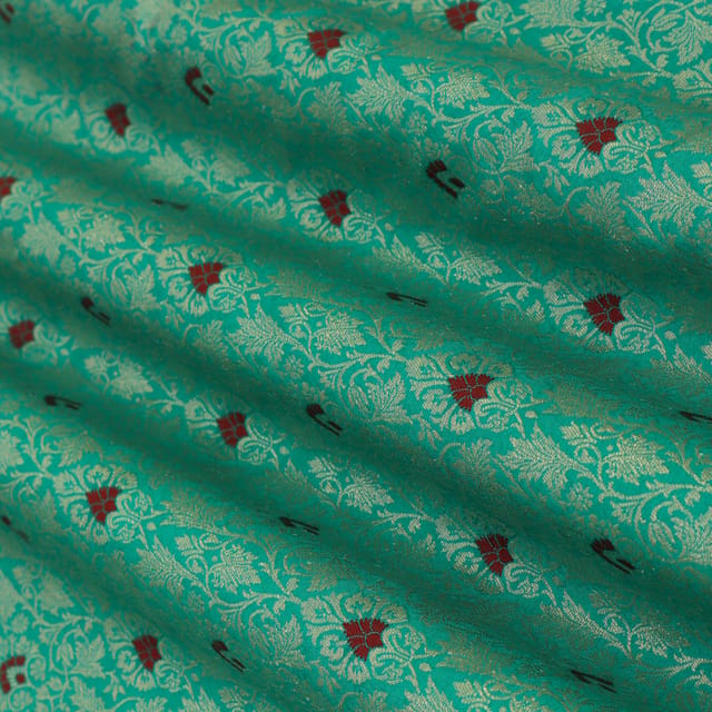 Aqua Blue Brocade Floral Silver Zari Work Fabric