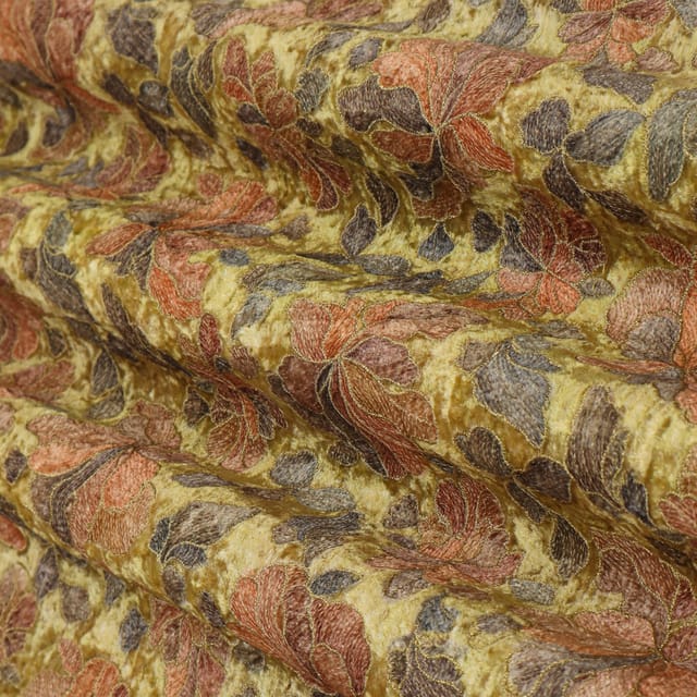 Brown Base Velvet Floral Golden Zari Work Embroidery Fabric