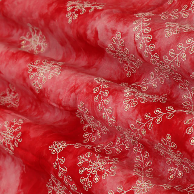 Tart Red Cotton Silk Floral Threadwork Sequins Embroidery Fabric