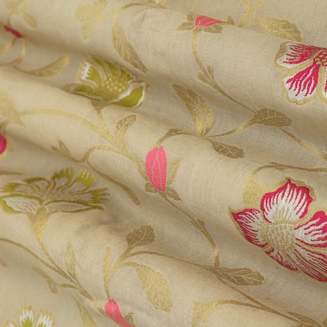 Fawn Brown Munga Floral Dim Golden Zari Work Brocade Fabric