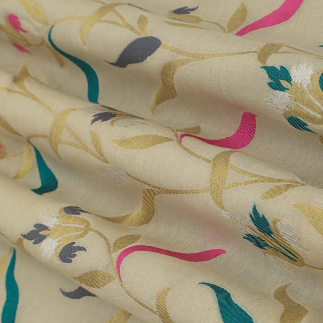 Biscotti Brown Munga Floral Dim Golden Zari Work Brocade Fabric