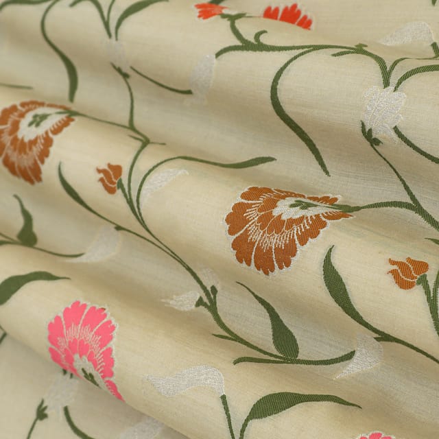 Oyster Brown Munga Floral Dim Golden Zari Work Brocade Fabric