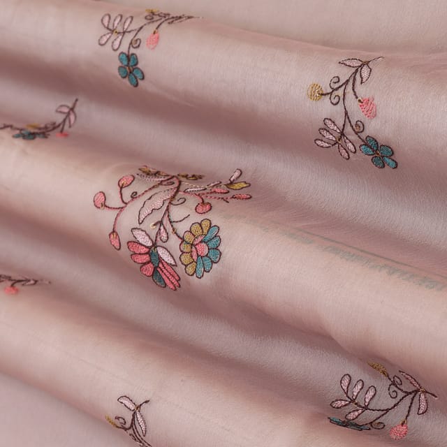 Rose Gold Pink Chinon Floral Threadwork Sequin Embroidery Fabric