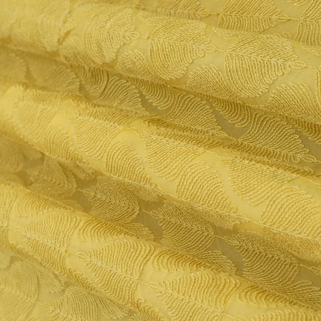 Bright Yellow Georgette Leaf Pattern Threadwork Embroidery Fabric