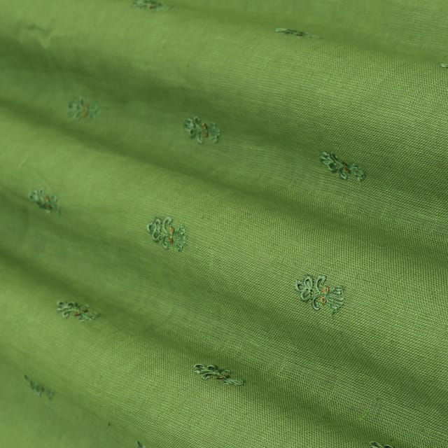 Fern Green Cotton Linen Floral Threadwork Embroidery Fabric
