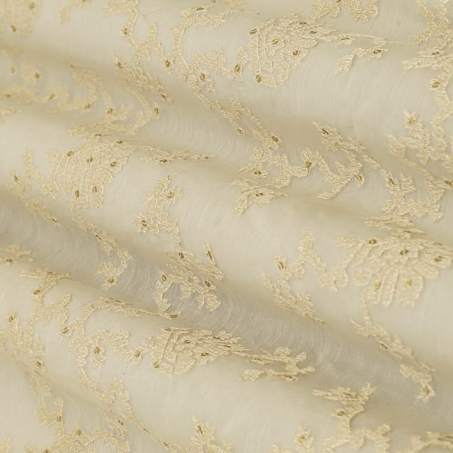 Cream Cotton Chanderi Floral Threadwork Sequin Embroidery Fabric