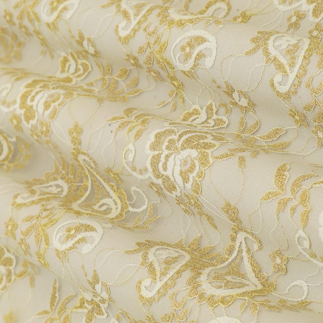 White & Golden Self Floral Net Fabric