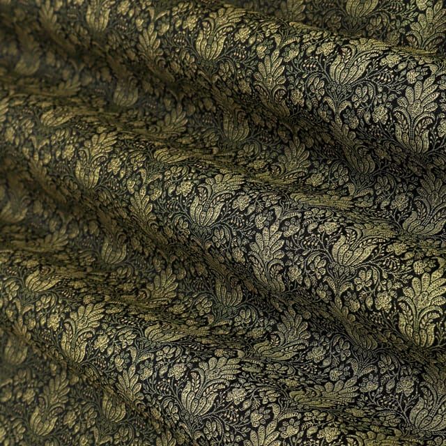 Raven Black Brocade Golden Zari Motif Work Fabric