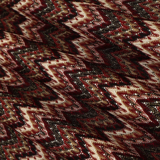 Chocolate Brown and Multicoloured Zig Zag Print Crochet-Crosia Shimmer Fabric