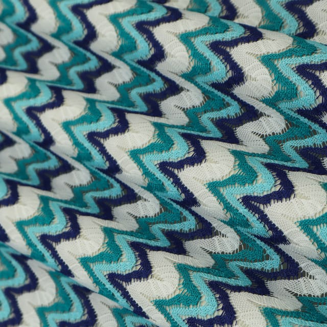 Blue Multitoned Zig Zag Print Crochet-Crosia Fabric
