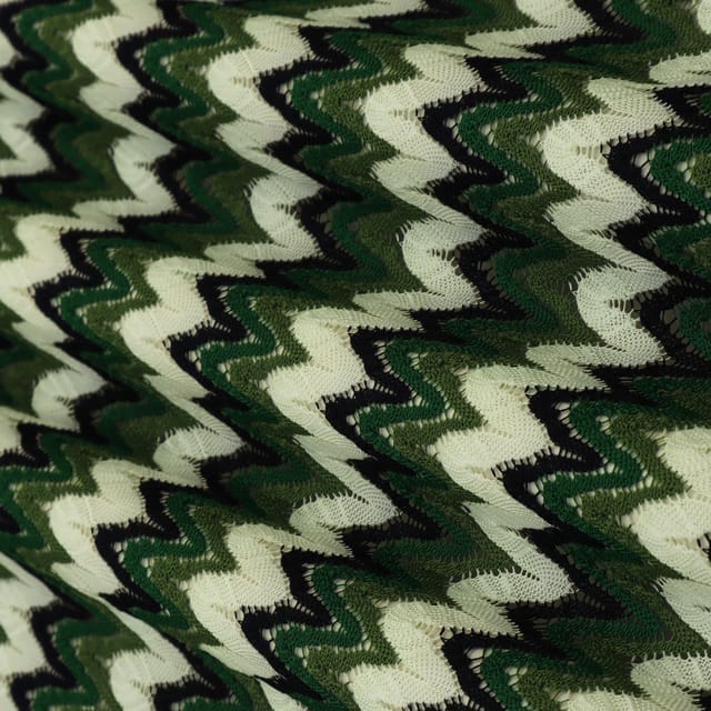 Green Multitoned Zig Zag Print Crochet-Crosia Fabric