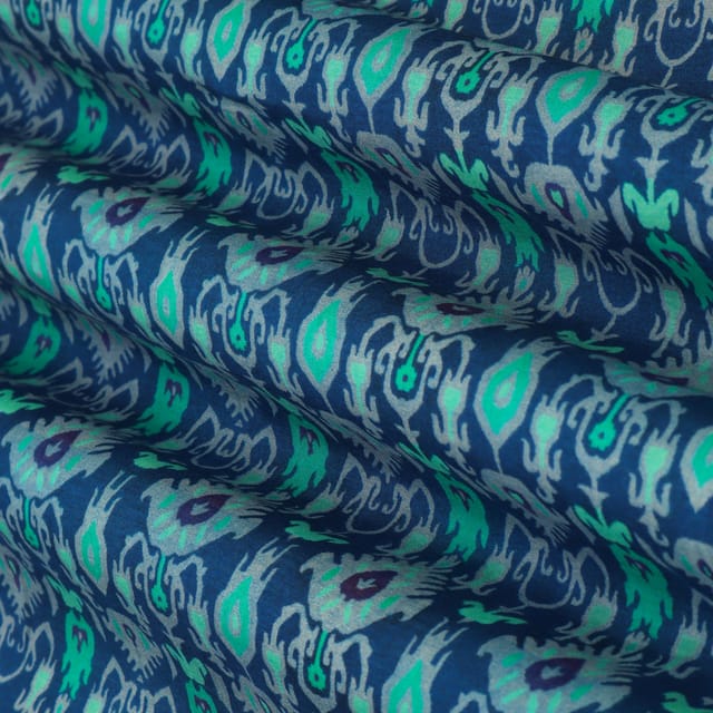 Sapphire Blue Motif Print Mulmul Silk Fabric