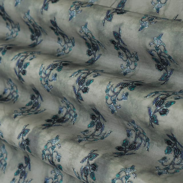 Ash Grey Motif Print Mulmul Silk Fabric